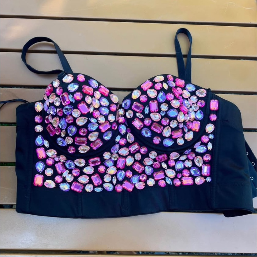 Black Bejeweled Bustier Top